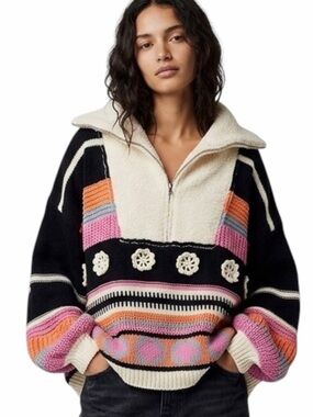 POL Colorblock Crochet Quarter-Zip Woman’s Festival Boho Sweater Size Medium